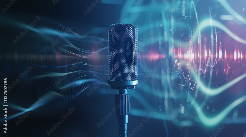 Poster Dynamic music recording session professional studio digital art innovative environment close-up view sound waves visualized