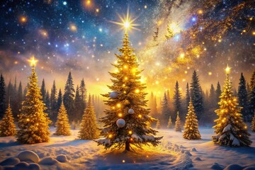 Naklejka premium Glittering Gold Christmas Tree Background - Surreal Holiday Image