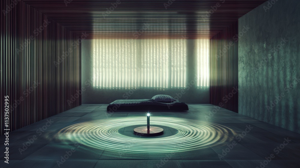 Poster Soothing room with tuning fork resonating minimalist design meditation space tranquil environment serene atmosphere