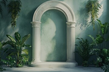 Fototapeta premium Elegant Marble Archway with Lush Tropical Greenery in a Serene Setting.