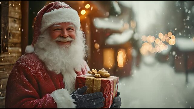Close up shot of  bearded man in santa clause outfit carrying gift boxes, Christmas spirit, holiday mood