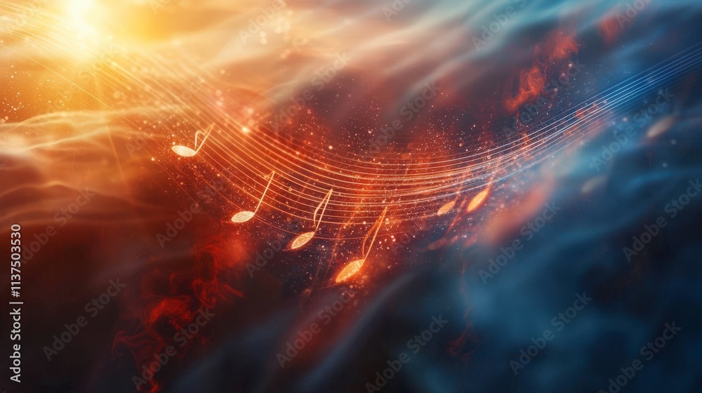 Poster rhythmic light pulses and musical notes abstract digital art mesmerizing environment surreal viewpoi