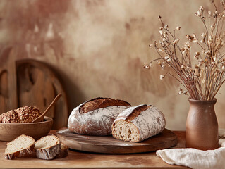 Mocha Mousse, artisanal food photography with rustic bread and pastries on a terracotta-toned background