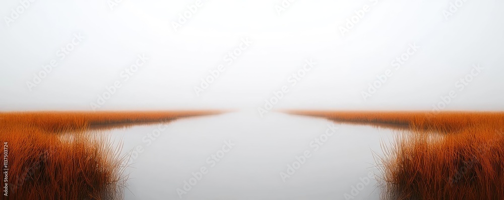 Poster mysterious fog idea. serene landscape featuring calm water, mist, and golden reeds creating a tranqu