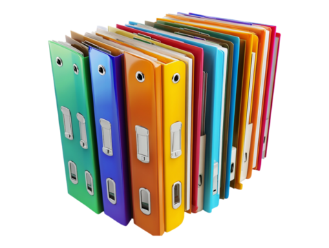 Office record files displayed on a transparent background, perfect for showcasing document storage solutions or office organization.