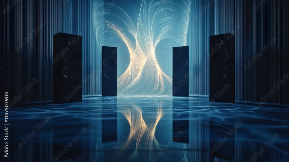 Poster soft warm sound waves flowing between speakers in a modern room visual art minimalist design calm at