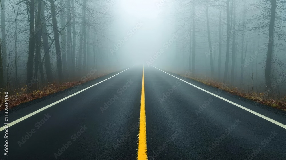 Poster mysterious fog idea. a mysterious foggy road through a dense forest, evoking a sense of adventure.