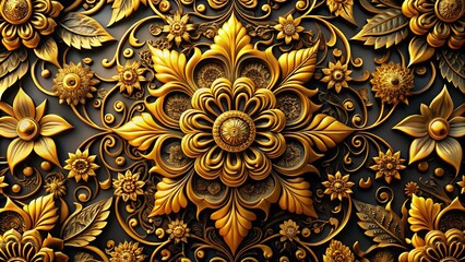 Gold Black Flower Motif Pattern Background: Luxury Floral Design, Abstract Art, Elegant Texture