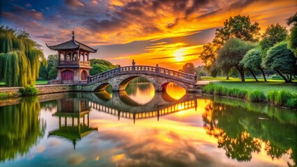 Fototapeta premium Godmanchester Sunrise Panorama: Chinese Bridge, Cambridgeshire, England - Breathtaking Panoramic View