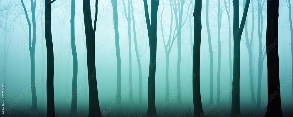 Poster Mysterious fog idea. Mysterious foggy forest with tall trees creates a serene and tranquil atmosphere.
