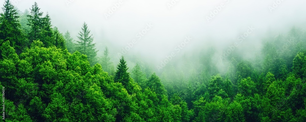 Poster mysterious fog idea. a serene forest landscape enveloped in mist, showcasing vibrant green trees and
