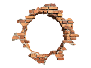 Hole made in a torn brick wall isolated on a transparent background, ideal for architectural visuals, destruction themes, or textured wall designs.