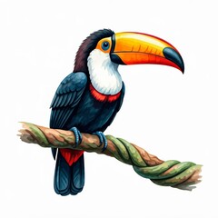 Obraz premium Vibrant Toucan on Vine: A meticulously detailed illustration of a toucan perched on a vine, showcasing its vibrant plumage and iconic beak. The artwork captures the essence of tropical beauty.