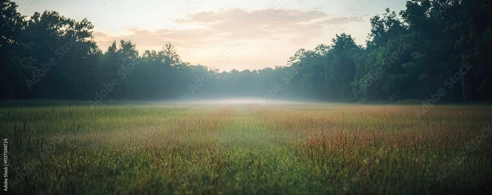 Aufkleber Mysterious fog idea. A serene landscape featuring a misty field at dawn with lush greenery and soft light.