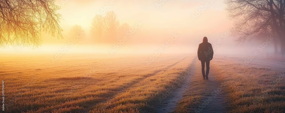 Poster mysterious fog idea. a solitary figure walks through a misty landscape at sunrise, evoking tranquili