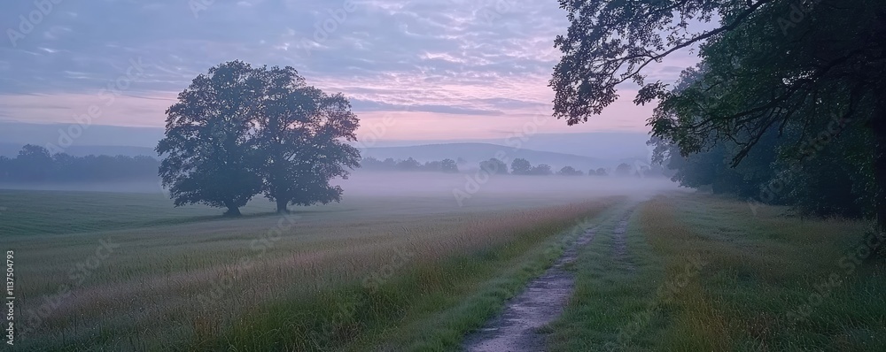 Aufkleber Mysterious fog idea. A serene landscape at dawn with a misty path and lush green fields under a cloudy sky.