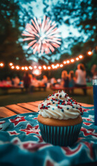 Close-up of a festive cupcake with red, white, and blue sprinkles on a table, against blurred fireworks and string lights in a 4th of July celebration.