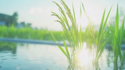 Fototapeta premium Serene Lakeside View with Sunlight and Swaying Reeds