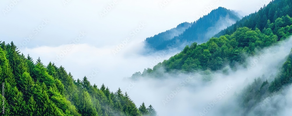 Poster mysterious fog idea. misty mountains enveloped by lush greenery create a peaceful, serene landscape.