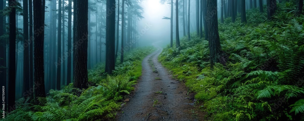 Poster Mysterious fog idea. A misty forest path surrounded by tall trees and lush greenery, inviting exploration.