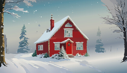 Winter cottage in the mountains. Vector illustration of snow landscape.