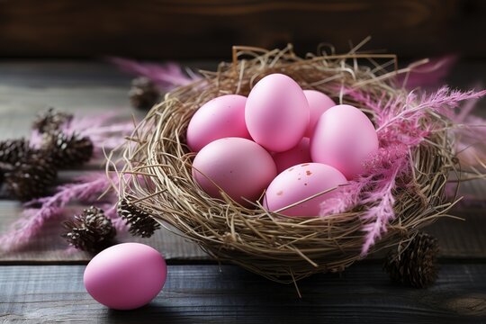 A basket of pink eggs sits on a wooden table