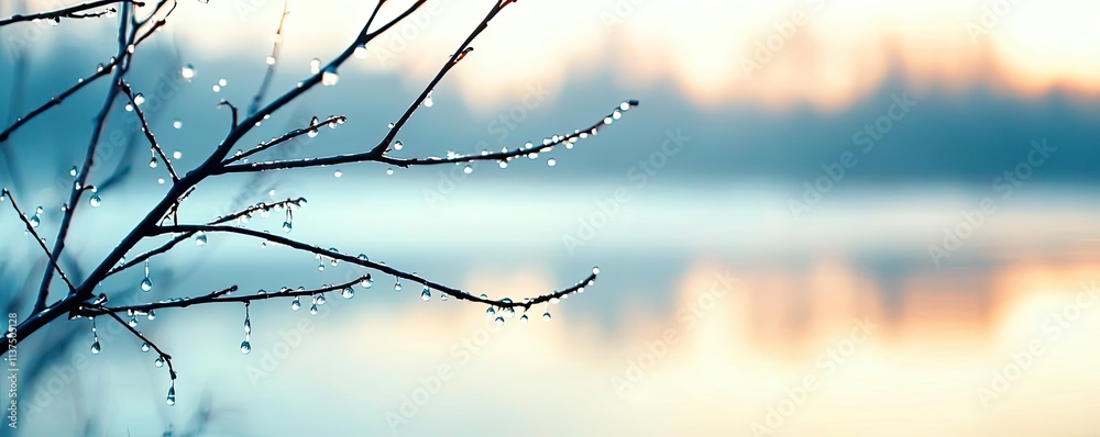 Aufkleber Mysterious fog idea. Delicate branches adorned with droplets reflecting soft colors of nature at dawn.