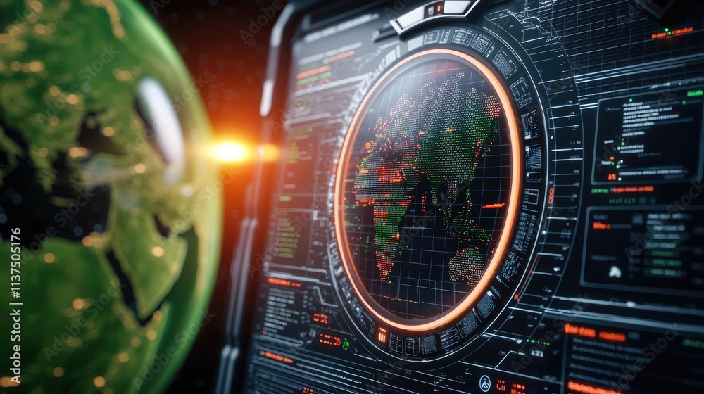 Aufkleber Weather forecast idea. Futuristic display showing Earth with advanced digital interface and interface elements.