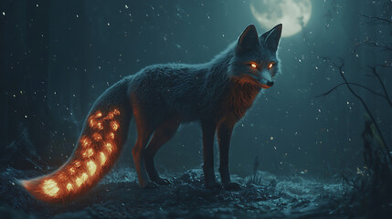 A fox with glowing red tail stands in the dark woods