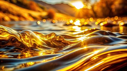 Golden Liquid Landscape: Shimmering Sun, Flowing Gold, Nature Reflections, Abstract Background
