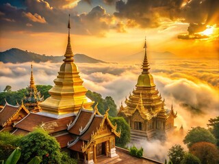 Golden Pagoda Mist, Doi Suthep Sunrise, Lanna Art, Chiang Mai, Thailand - Double Exposure Photography