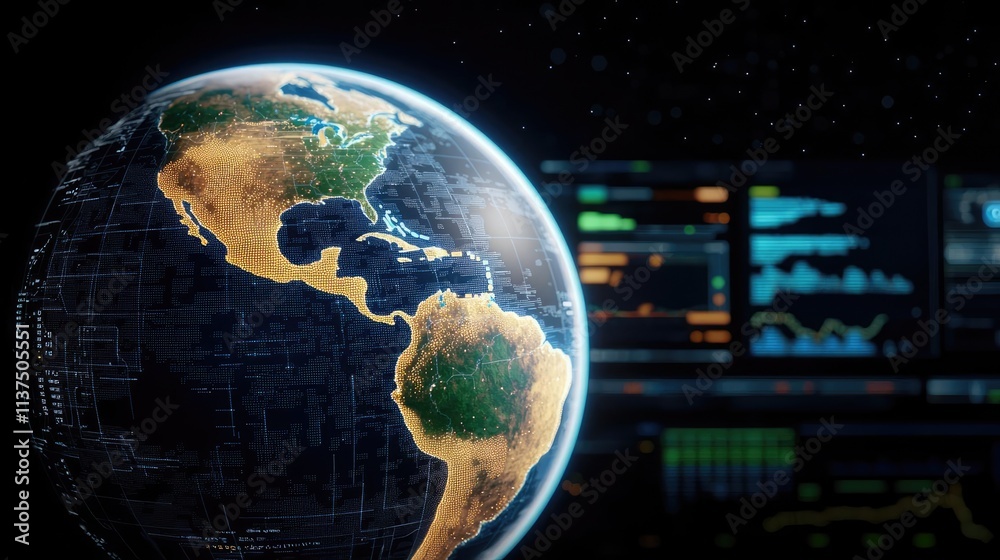 Poster Weather forecast idea. A digital representation of Earth with data analytics and information screens.