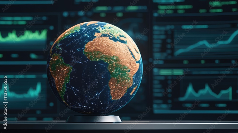 Aufkleber Weather forecast idea. A globe on a desk with digital graphs and data in the background representing analytics.
