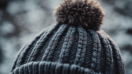 Knitted grey winter hat with a pom-pom on top