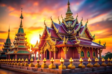 Fototapeta premium Golden Triangle Buddhist Temple Bokeh, Spiritual Asian Temple Photography, Blurred Background, Peaceful Scene, Sacred Architecture