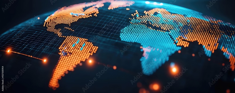 Poster Weather forecast idea. Colorful digital representation of a global network and connected world map.