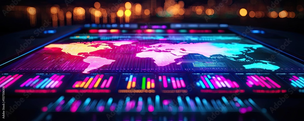 Poster Weather forecast idea. Vibrant digital map with analytics data visualizations on a futuristic display.