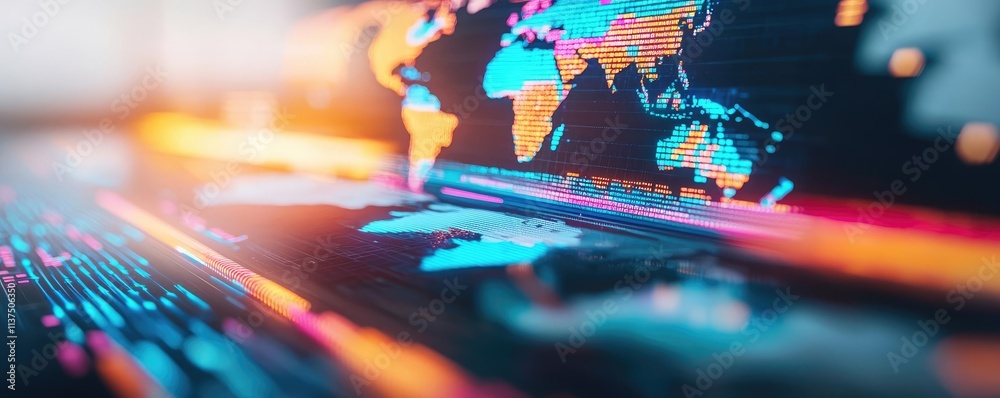Poster weather forecast idea. futuristic digital world map with vibrant colors and technology-inspired desi