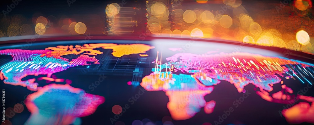 Poster Weather forecast idea. Illuminated world map showcasing vibrant data visualization and digital connections.