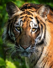 Fototapeta premium A majestic tiger in a dense green forest, extreme close-up