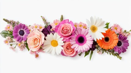 A vibrant arrangement of assorted flowers including roses, daisies, and gerberas, showcasing a colorful and lively floral display.