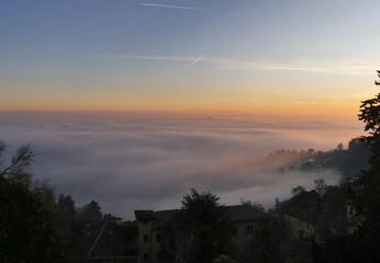 Fog on po valley from Bergamo, Lombardy, Italy