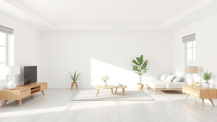 Modern and minimalist living room with blue armchair, coral wall, wood floor, stylish, simple