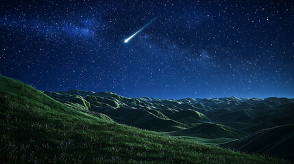 A star is falling in the sky above a green hill