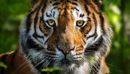 Obraz premium A majestic tiger in a dense green forest, extreme close-up
