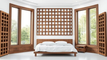 Fototapeta premium Modern bedroom interior with wooden lattice wall, white floor, large windows showcasing nature, contemporary, 3D rendering