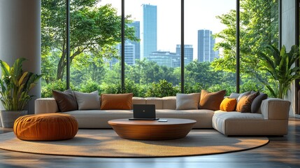 Fototapeta premium Modern living room with large windows overlooking a green cityscape.