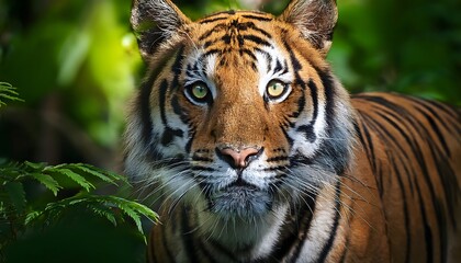 Naklejka premium A majestic tiger in a dense green forest, extreme close-up