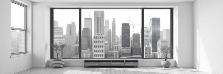 Fototapeta premium Modern black and white bedroom interior with white floor and black wood furniture, large windows with city view, style, white