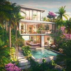 Fototapeta premium A beachfront villa with open-plan architecture, infinity pool overlooking the ocean, and palm trees.